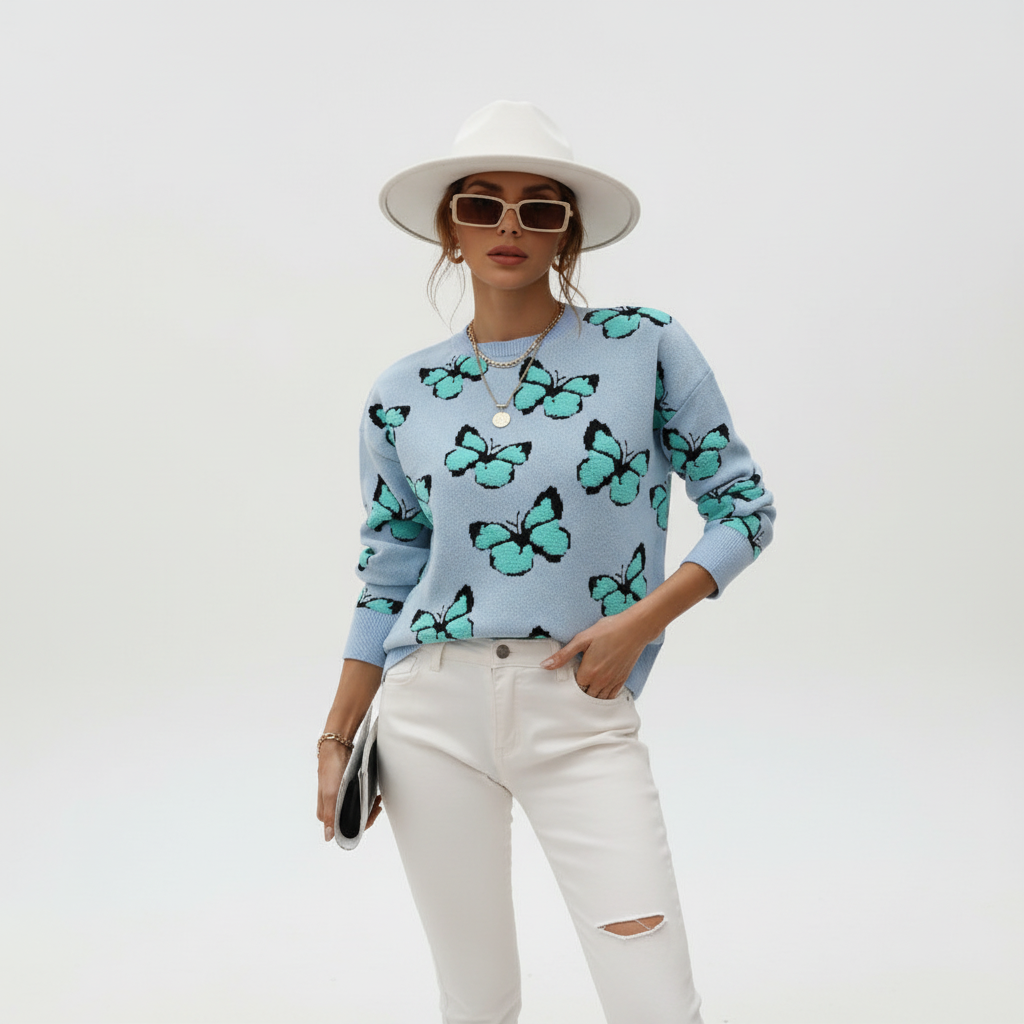 Stylish women's long sleeve knit jumper featuring vibrant butterfly print, comfortable and perfect for spring