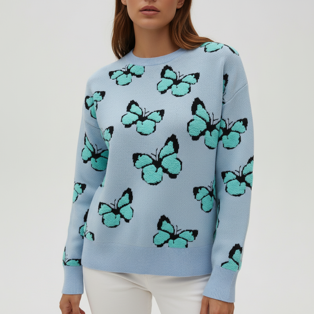 Soft cotton blend women's jumper, 'Martina' style, adorned with an elegant butterfly print design