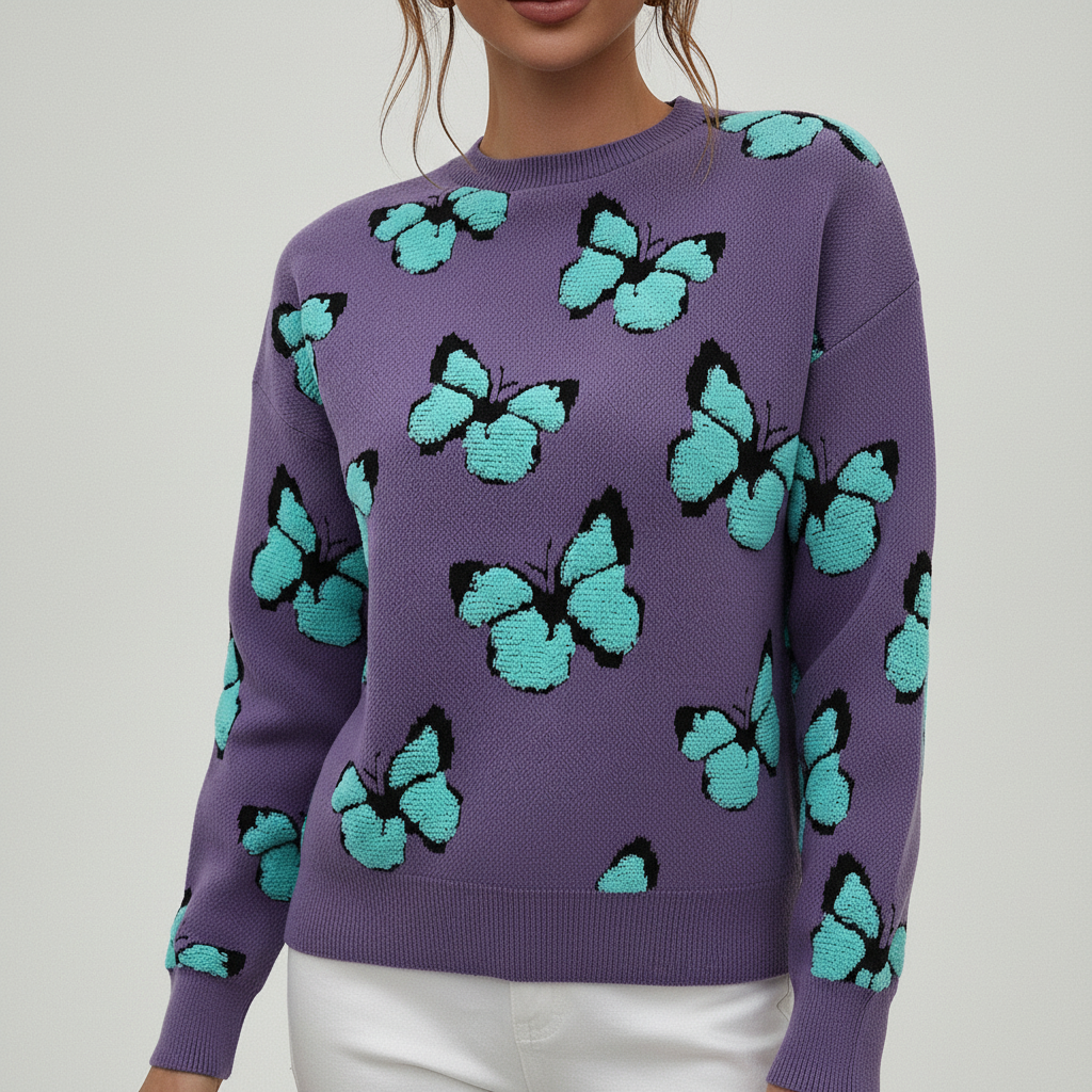 Round neck women's knit top showcasing a beautiful butterfly pattern, a versatile piece for casual outfits