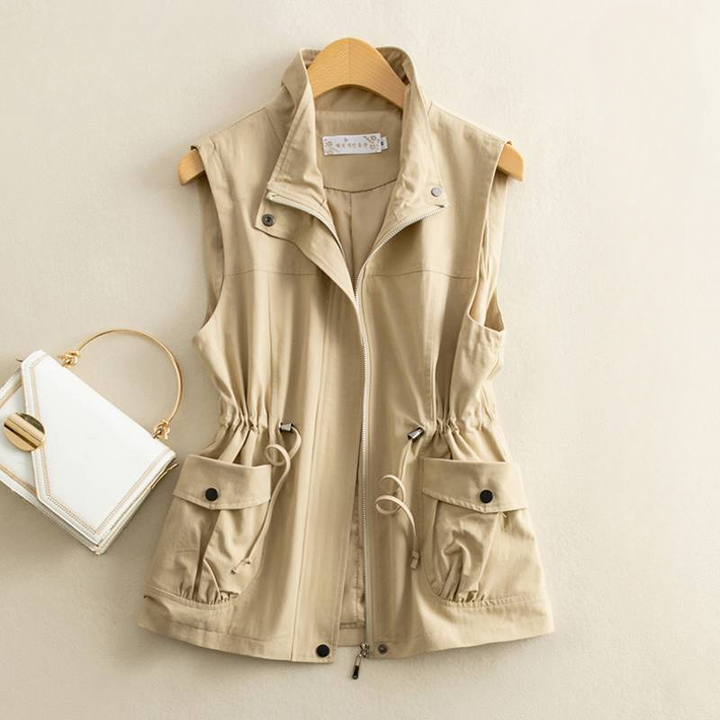 Chic women's canvas vest, cotton fabric, with an adjustable waist for a flattering fit. Versatile casual outerwear.