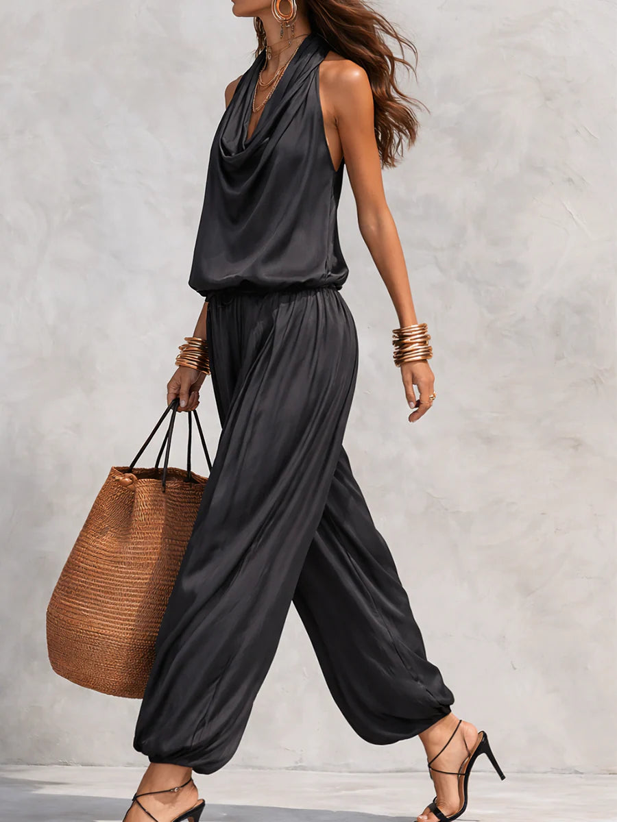Elegant women's halter top & wide leg pant set. Draped cowl neck and comfortable wide leg for evening or resort wear.