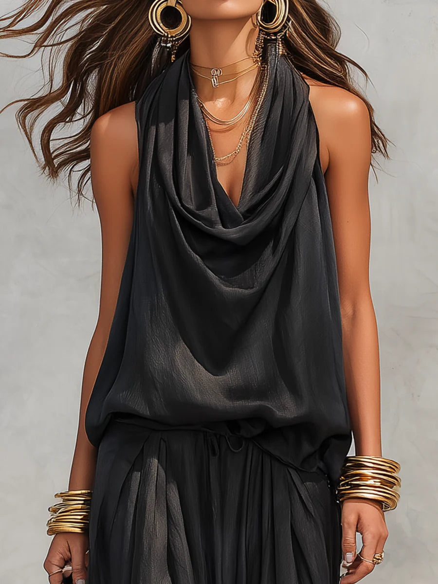Stylish women's summer two-piece outfit: a trendy cowl neck halter top paired with comfortable wide leg pants.