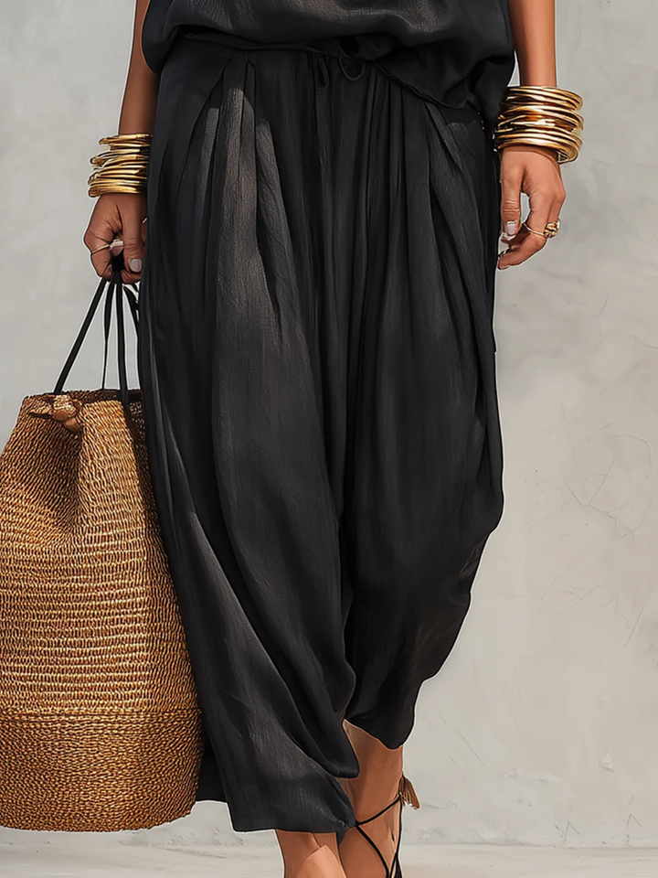 Draped cowl neck halter top and wide leg pant set. Perfect women's bohemian evening outfit or resort wear.