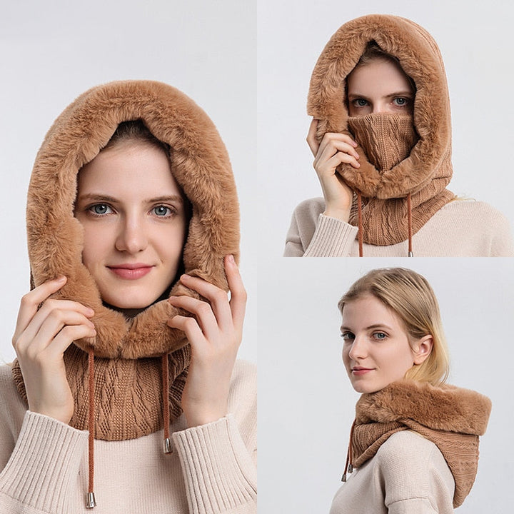 Women's cozy 3-in-1 knitted winter scarf, hat & face mask. Warm fleece-lined cold weather accessory.