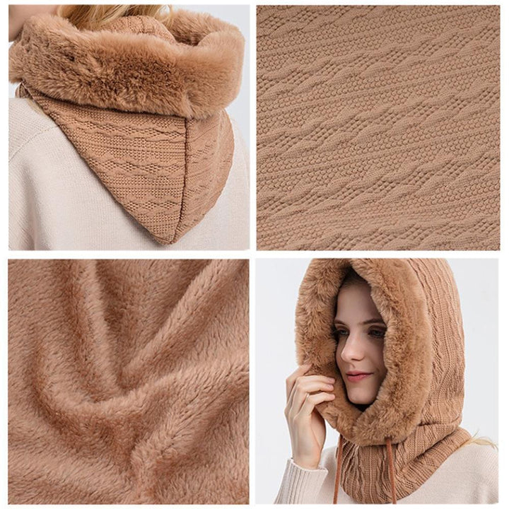 Essential women's 3-in-1 winter protection: knitted hat, cozy scarf & face mask for warmth.