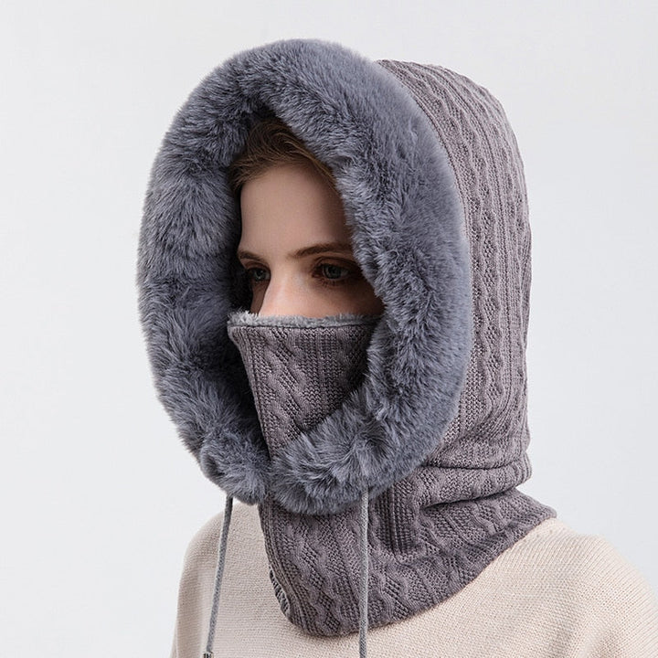 Chic women's 3-in-1 accessory: warm winter hat, scarf, and face mask in soft knit.