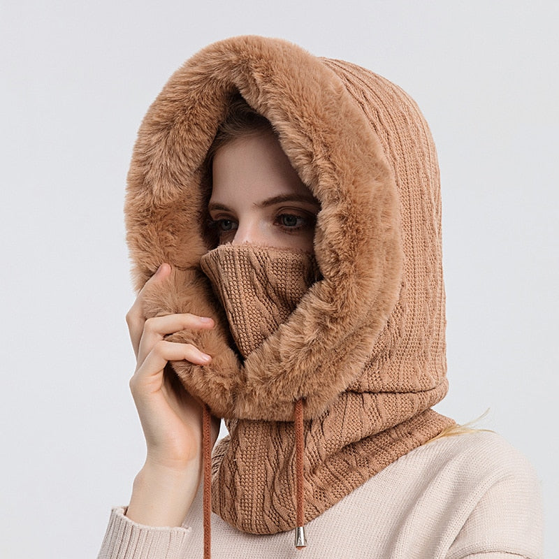 Fleece-lined women's winter scarf & hat combo, ideal for cold weather activities & fashion.
