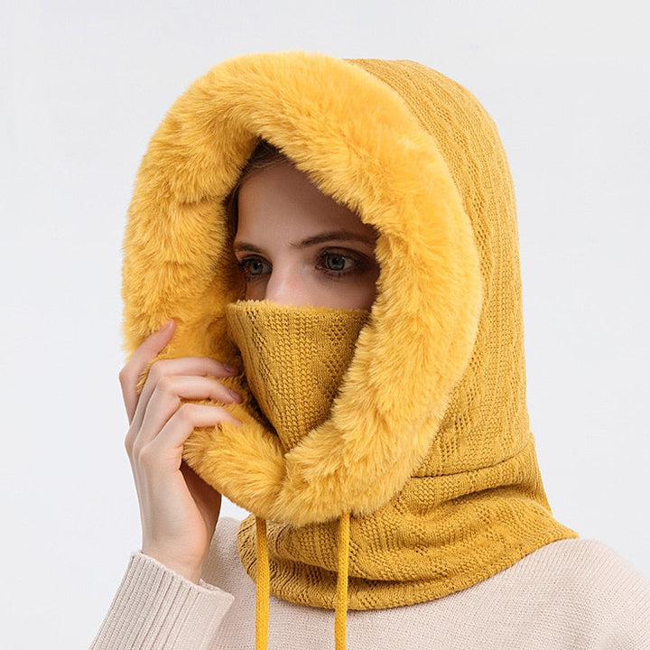 Cozy knitted women's winter gear: 3-in-1 hat, scarf, and face mask for ultimate warmth.