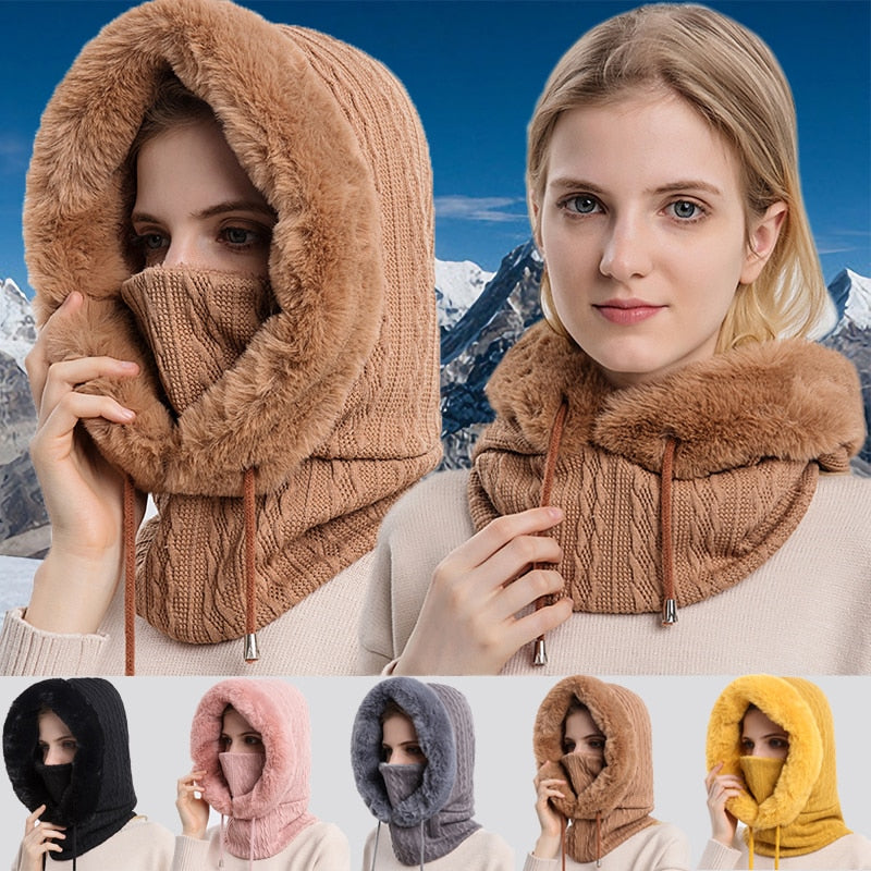 Women's warm knitted 3-in-1 winter accessory; hat, scarf, and mask for cold outdoor adventures.