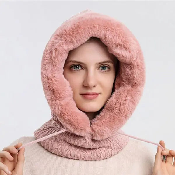 Elegant women's winter fashion accessory: fleece-lined hat, scarf & face mask set.