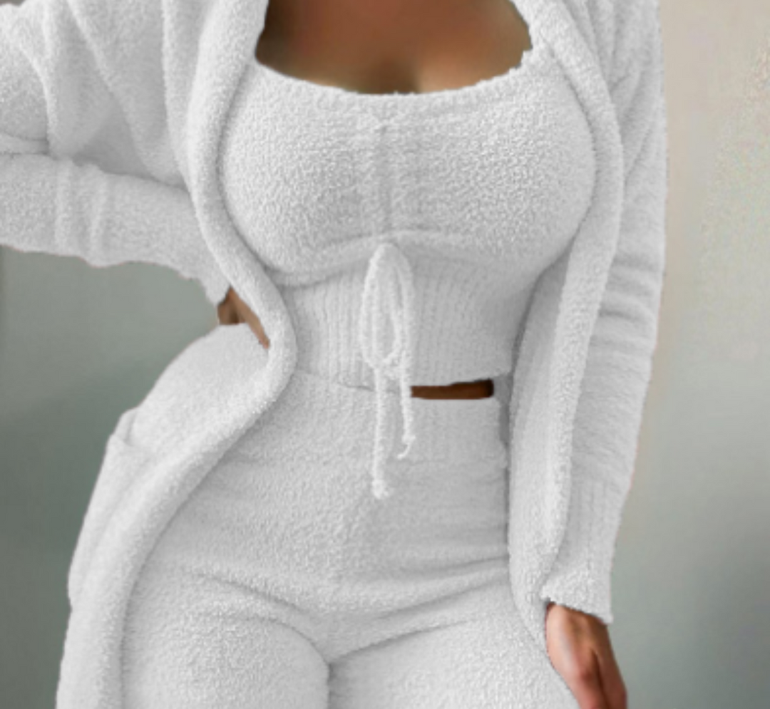 Women's cozy 3-piece lounge set with cardigan, cami, and shorts for ultimate home comfort and relaxation.