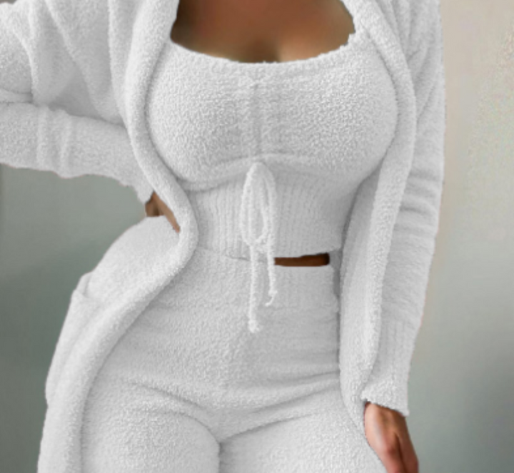 Women's cozy 3-piece lounge set with cardigan, cami, and shorts for ultimate home comfort and relaxation.