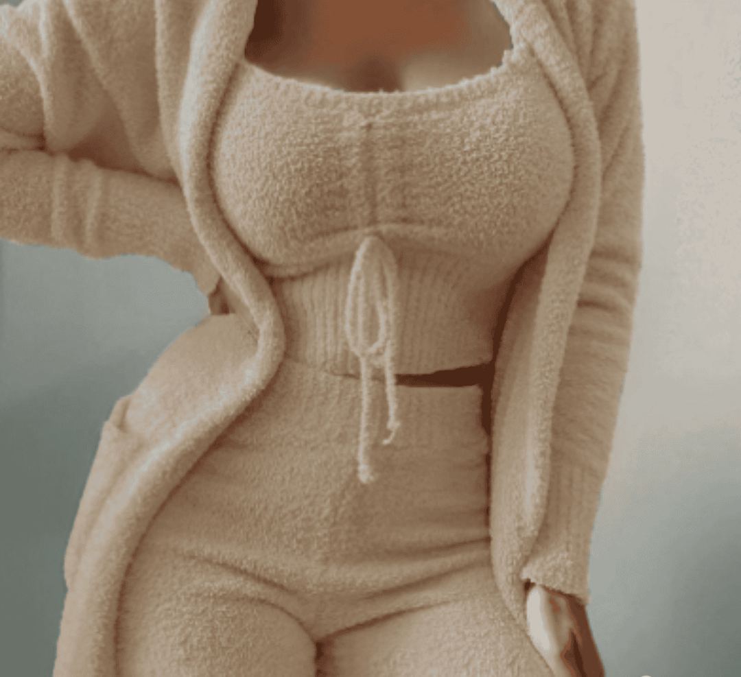 Soft knit 3-piece women's lounge set; includes a warm cardigan, camisole, and shorts for cozy relaxation.