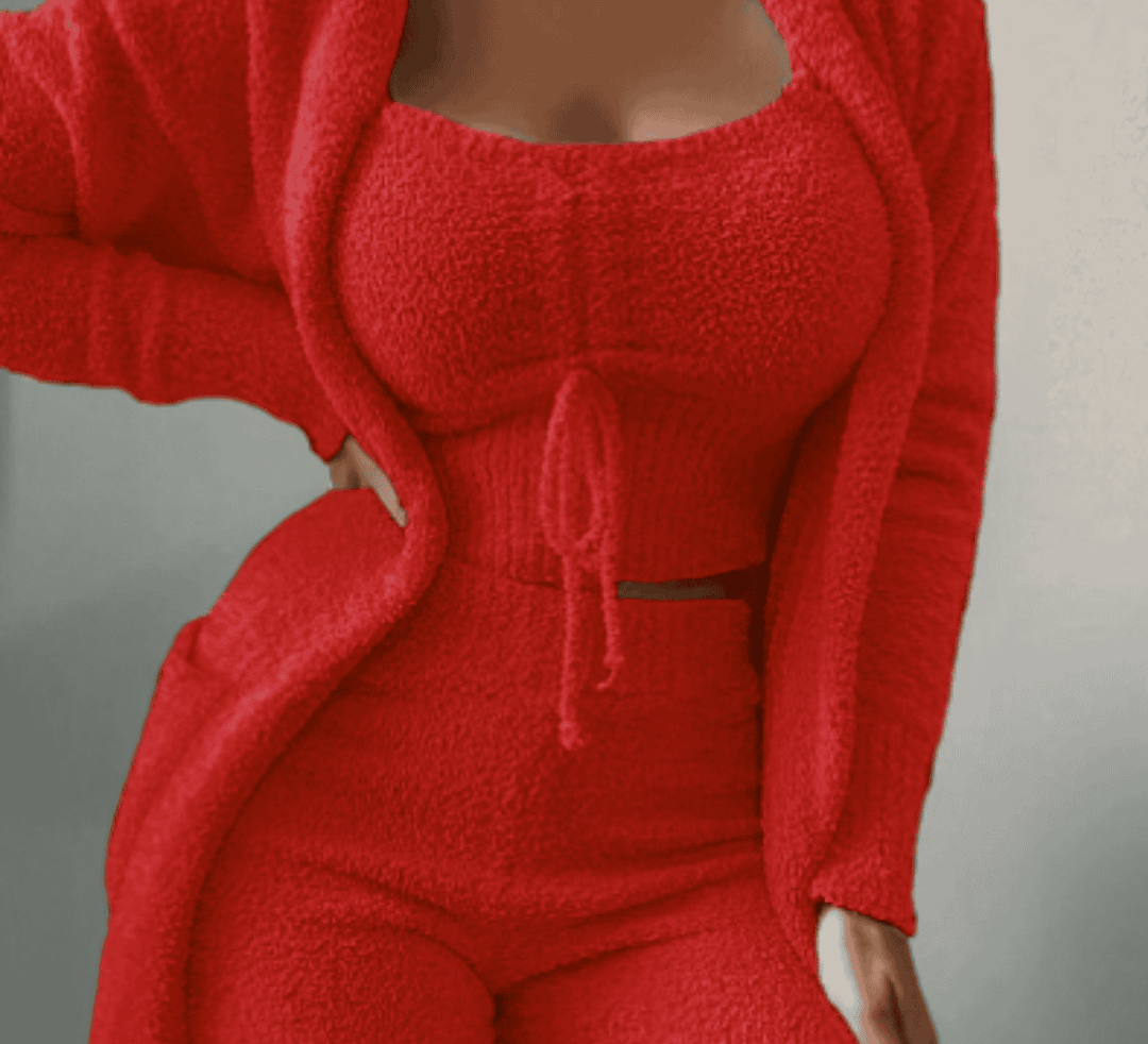 Relaxed fit women's 3-piece set: a warm cardigan, soft camisole, and comfy lounge shorts for relaxation.