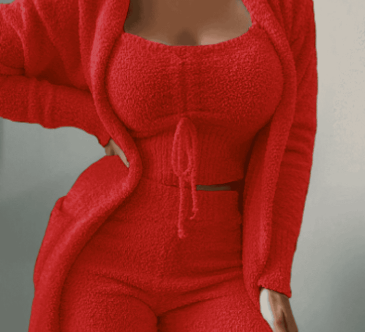 Relaxed fit women's 3-piece set: a warm cardigan, soft camisole, and comfy lounge shorts for relaxation.