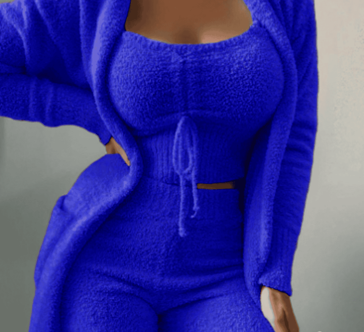 Cozy women's 3-piece lounge set for ultimate comfort. Includes cardigan, cami, and shorts, perfect for home.