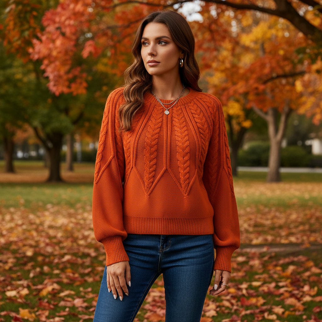 Women's cozy cable knit sweater with lantern sleeves, perfect for autumn winter fashion, Karin pullover