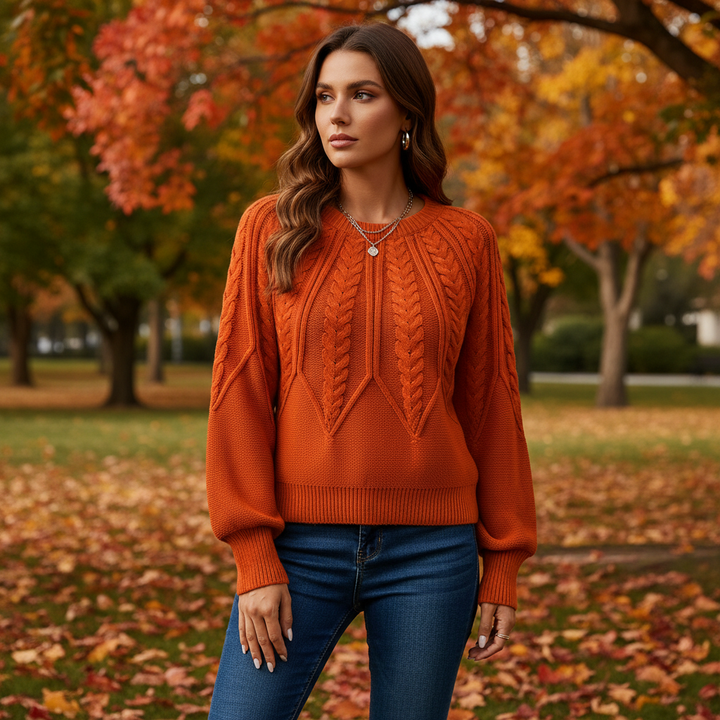 Women's cozy cable knit sweater with lantern sleeves, perfect for autumn winter fashion, Karin pullover