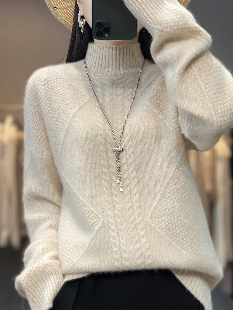 Women's cozy cable-knit turtleneck sweater in a soft, warm knit. Perfect for winter fashion & fall apparel.