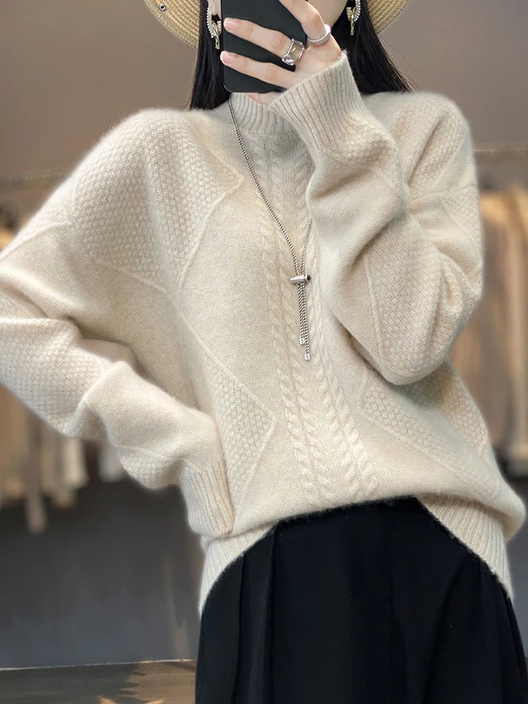 Elegant women's cable-knit turtleneck sweater. Stylish & comfortable, ideal for fall & winter outfits.