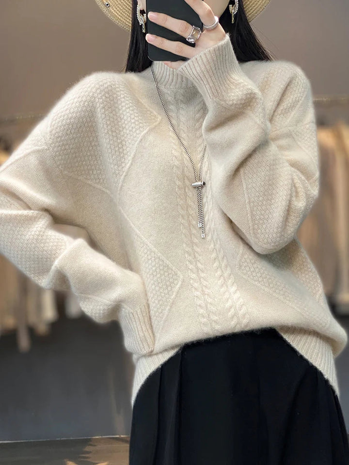 Elegant women's cable-knit turtleneck sweater. Stylish & comfortable, ideal for fall & winter outfits.
