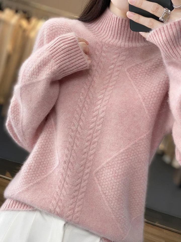 Comfortable women's cozy cable-knit turtleneck, a stylish top for cold weather & elegant fall fashion.