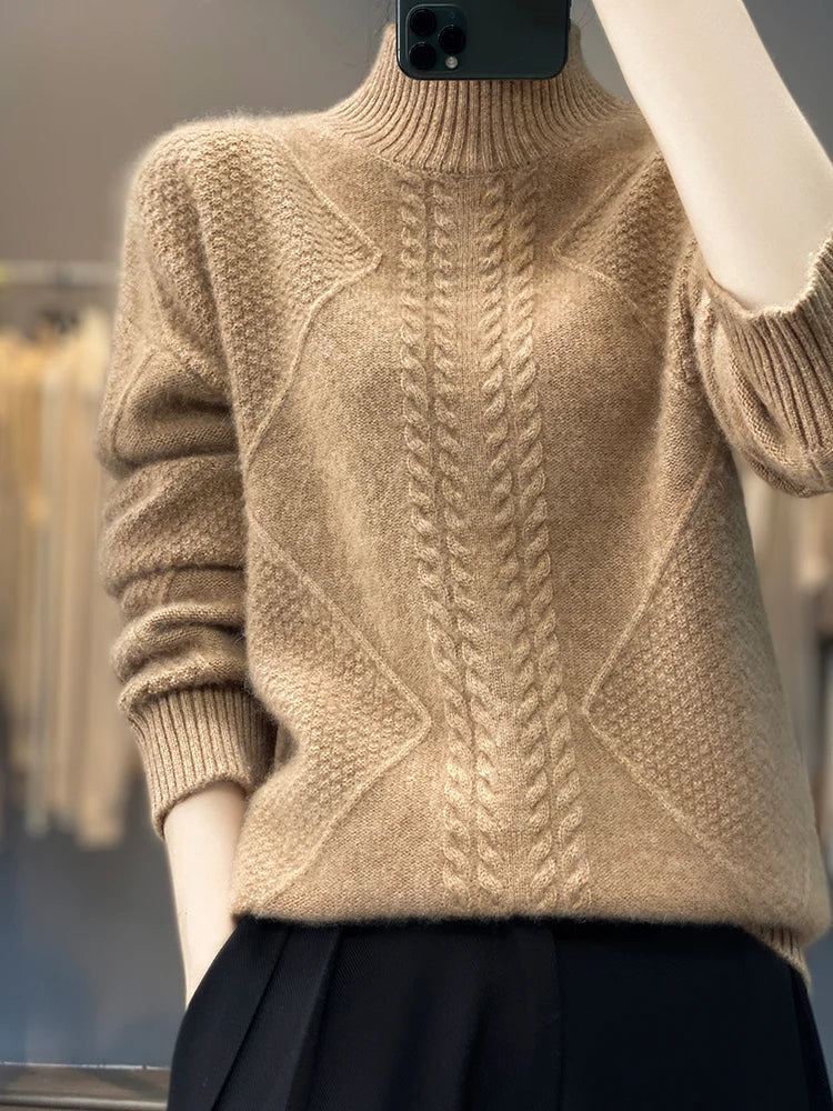 Luxurious women's cable-knit turtleneck sweater. Enjoy its warmth & comfort as a stylish winter staple.