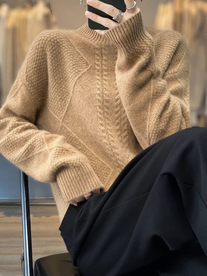 Fashionable women's cozy turtleneck sweater with a beautiful cable-knit design, ideal for cool days.