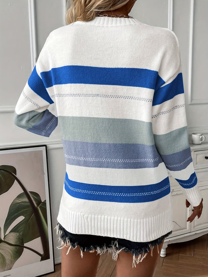 Relaxed fit color block pullover for women. Stylish and warm, great for fall and winter fashion.