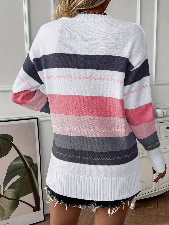 Fall/winter women's color block sweater with a round neck. Cozy, warm, and perfect for casual wear.