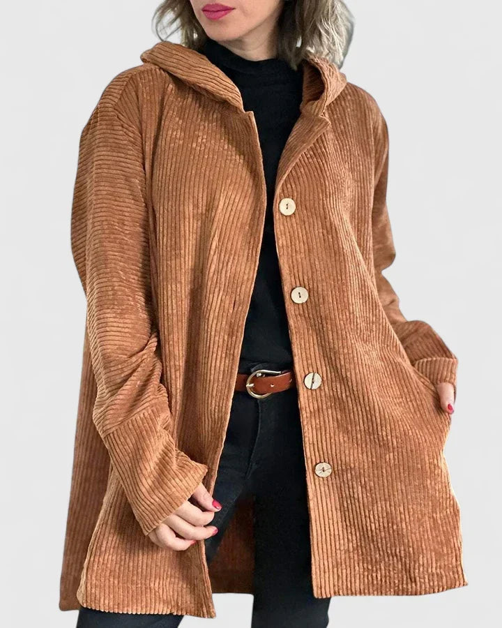 Warm women's cozy hooded jacket, perfect for stylish winter fashion. Comfortable everyday outerwear.