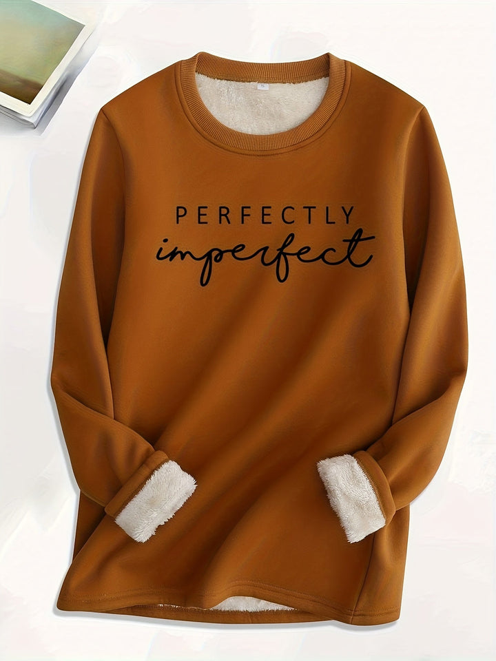 Women's cozy fleece crewneck sweatshirt with 'Perfect Imperfect' graphic, ideal for fall & winter comfort.