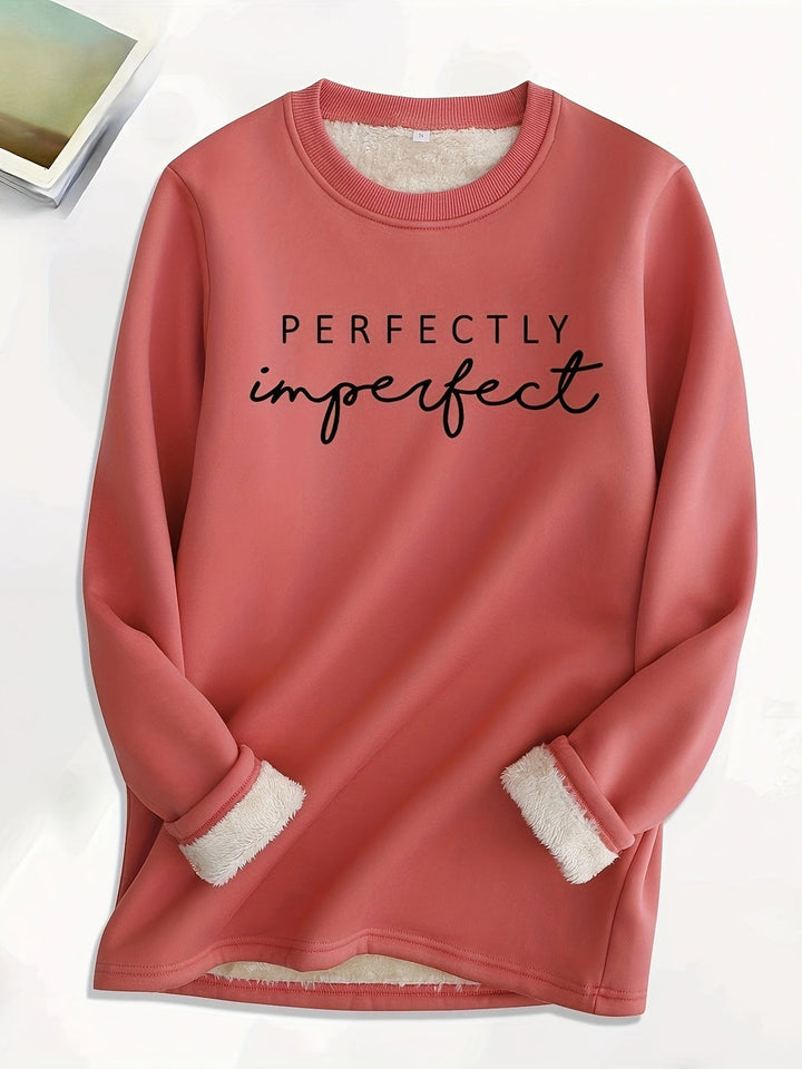 Relaxed fit women's graphic sweatshirt, Liona 'Perfect Imperfect' crewneck for casual fall fashion.