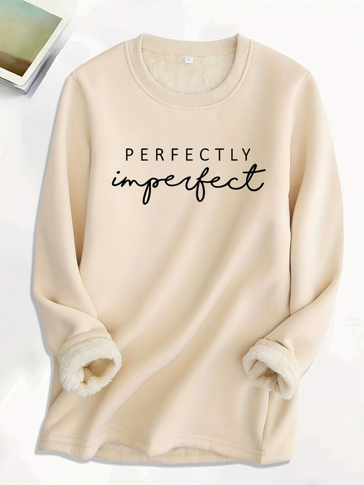 Comfy long sleeve women's crewneck with positive 'Perfect Imperfect' statement, perfect for everyday wear.