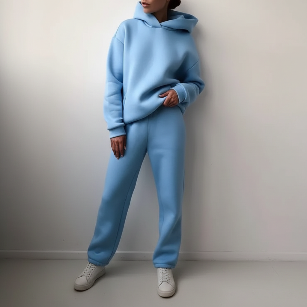 Model lounging in the soft fleece hoodie and jogger set, emphasizing relaxation.