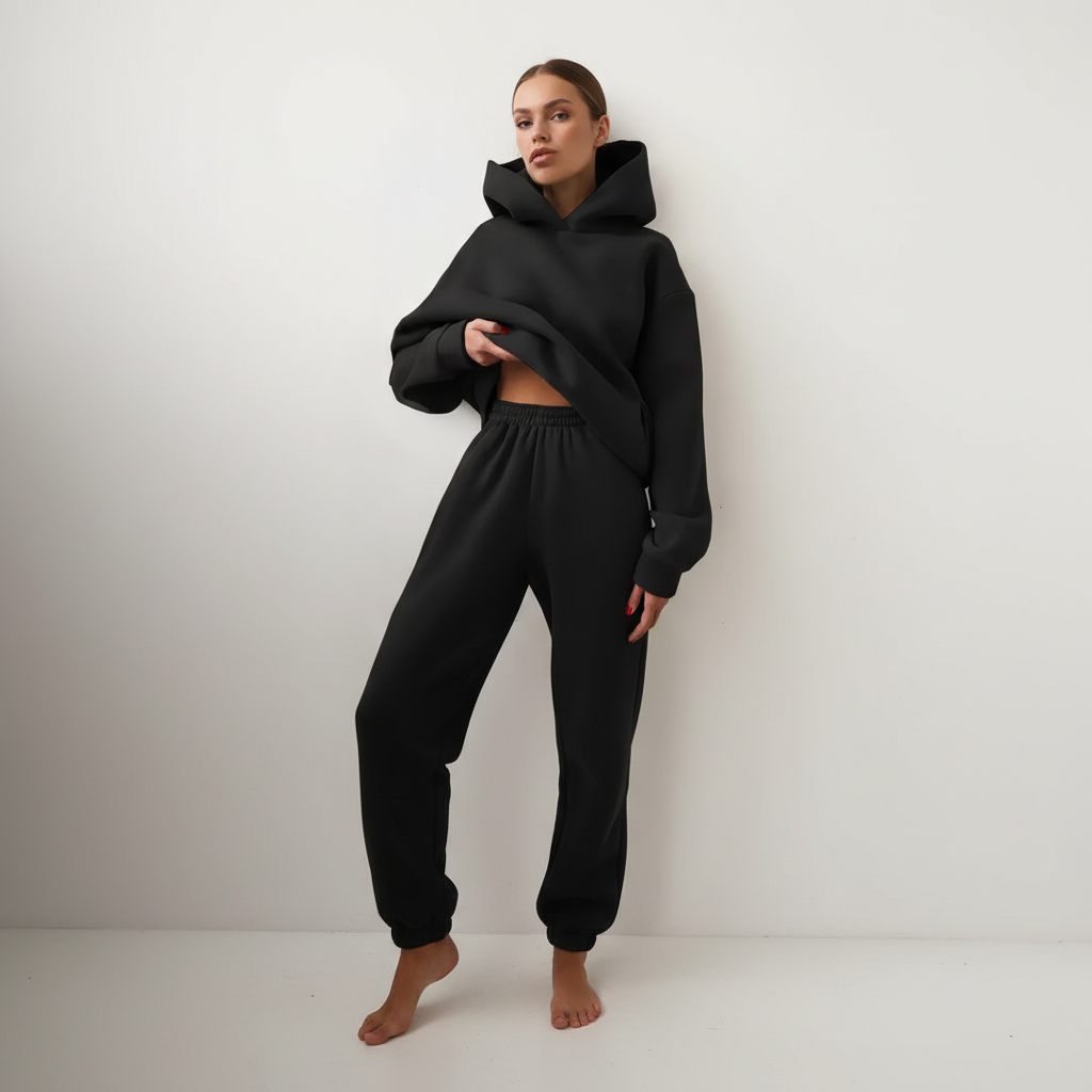 Folded women's fleece hoodie and jogger set, showcasing its soft material and color.