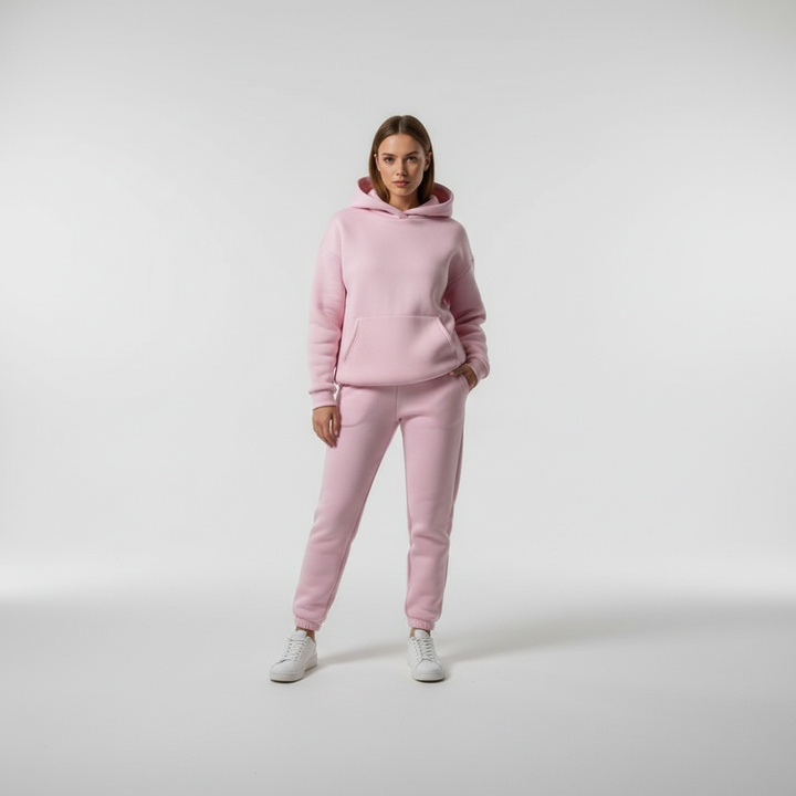 Back view of the women's fleece hoodie and jogger set, highlighting the comfort design.