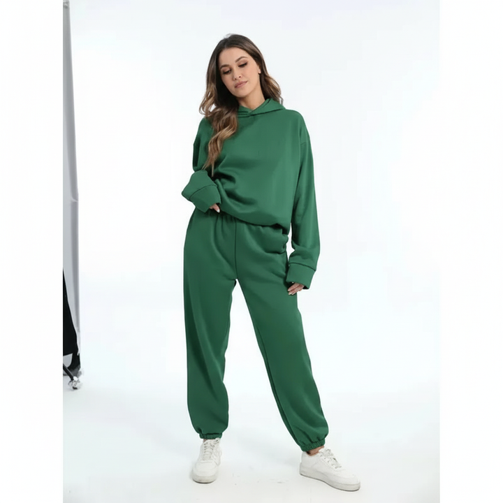 Soft fleece hoodie and matching jogger pants for women, a comfortable casual wear set.
