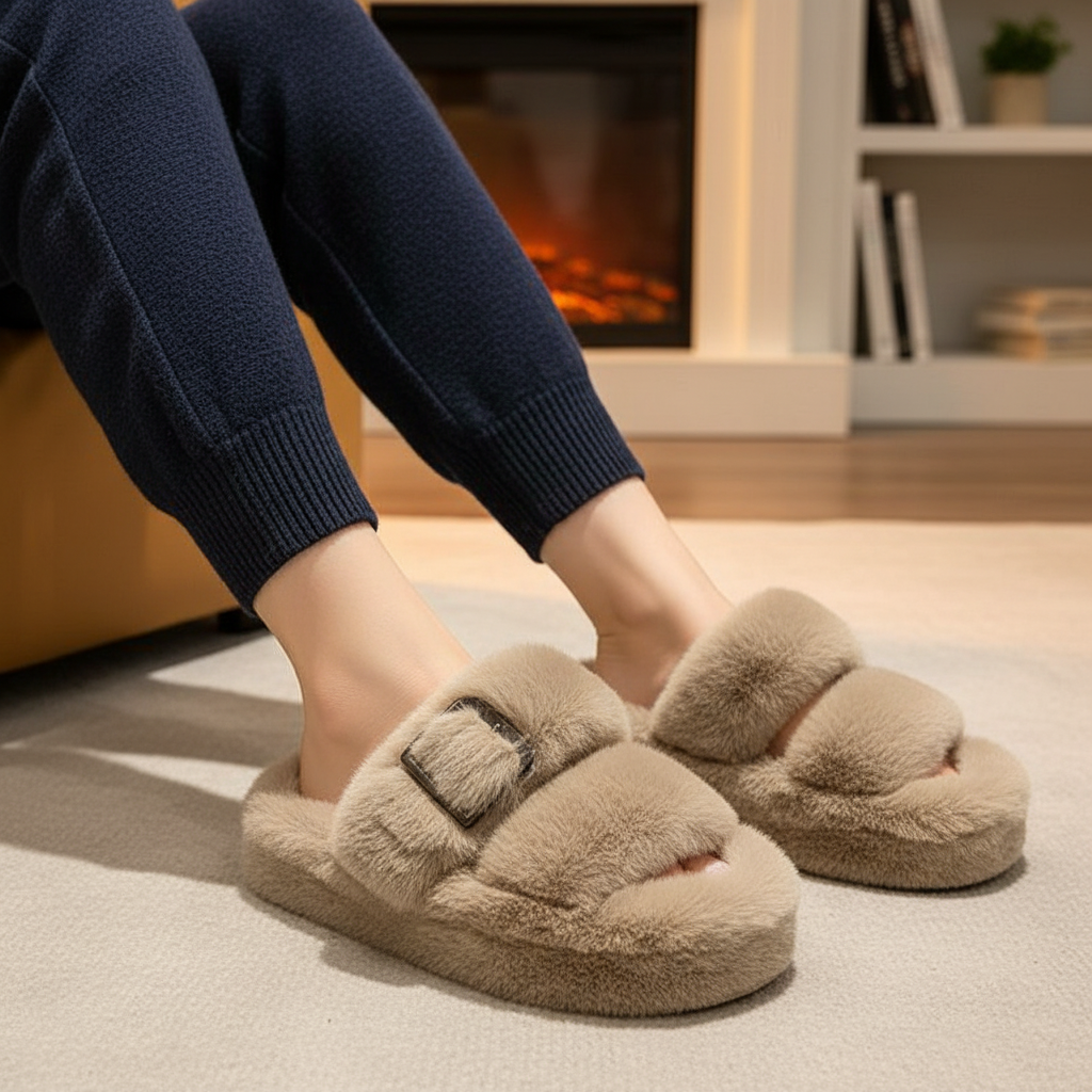 Women's cozy fleece-lined house slippers, warm fluffy non-slip winter footwear