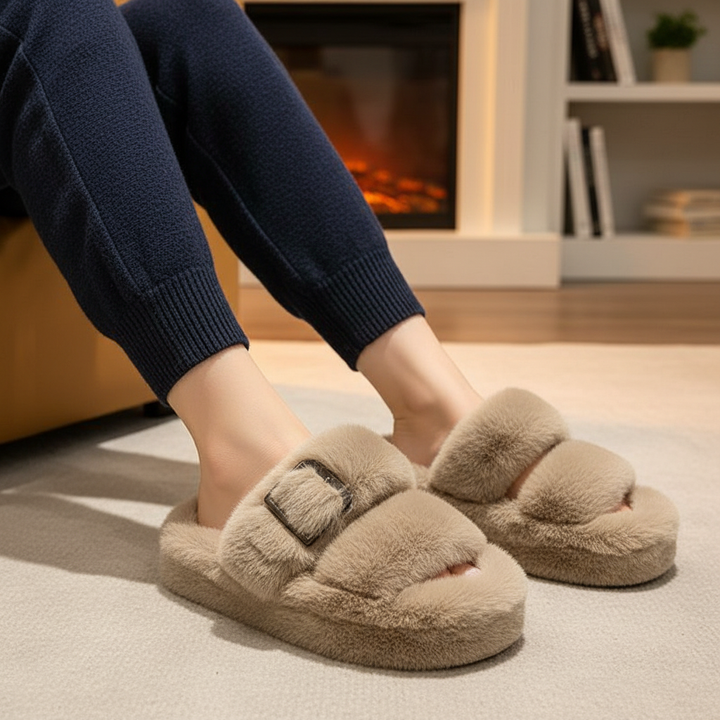 Women's cozy fleece-lined house slippers, warm fluffy non-slip winter footwear