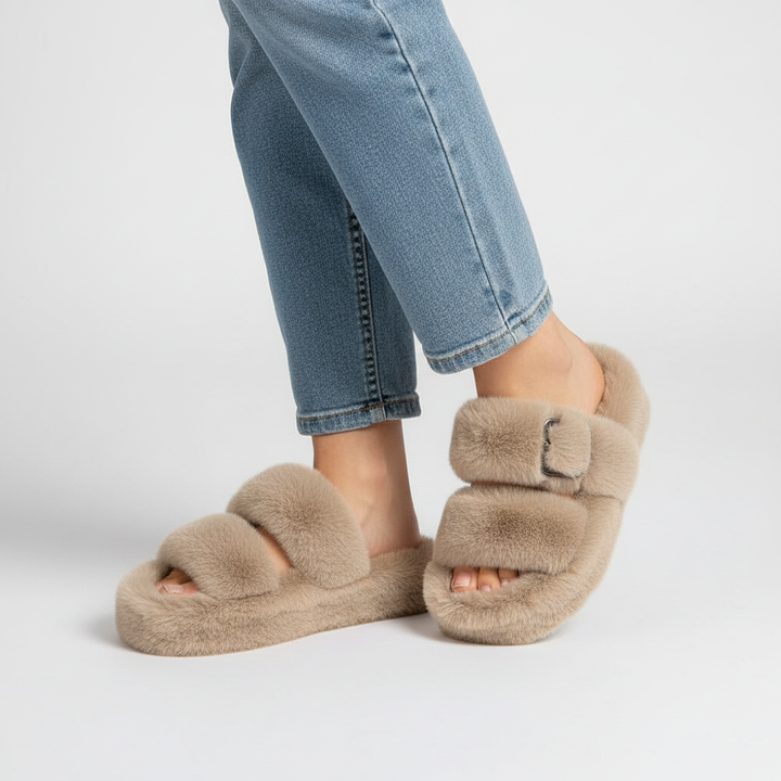 Close-up of women's warm fleece slippers, perfect for cozy indoor comfort