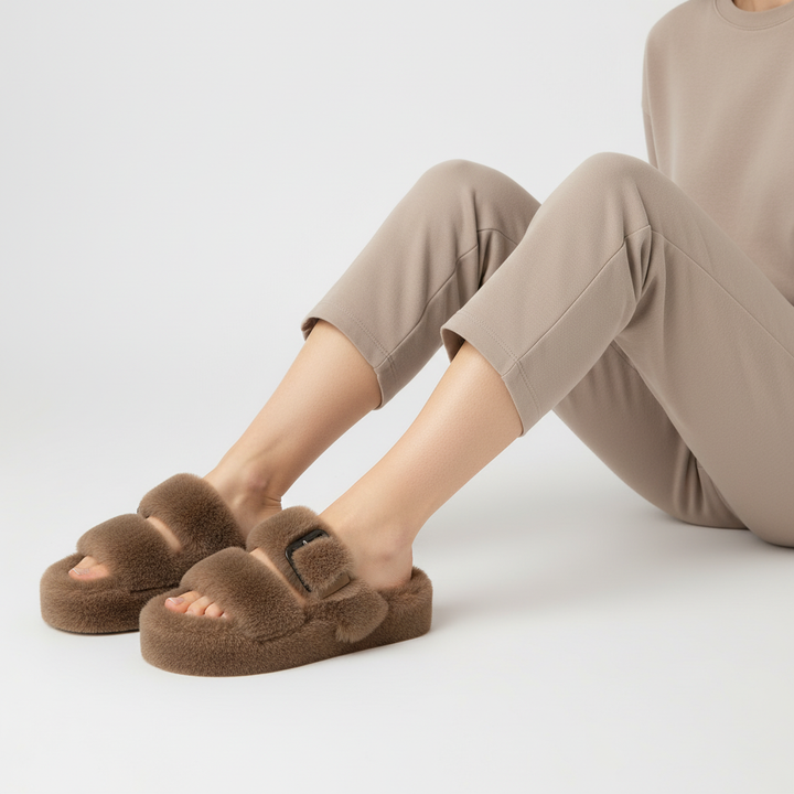 Top-down view of cozy women's slippers, exhibiting warm fleece and durable non-slip sole