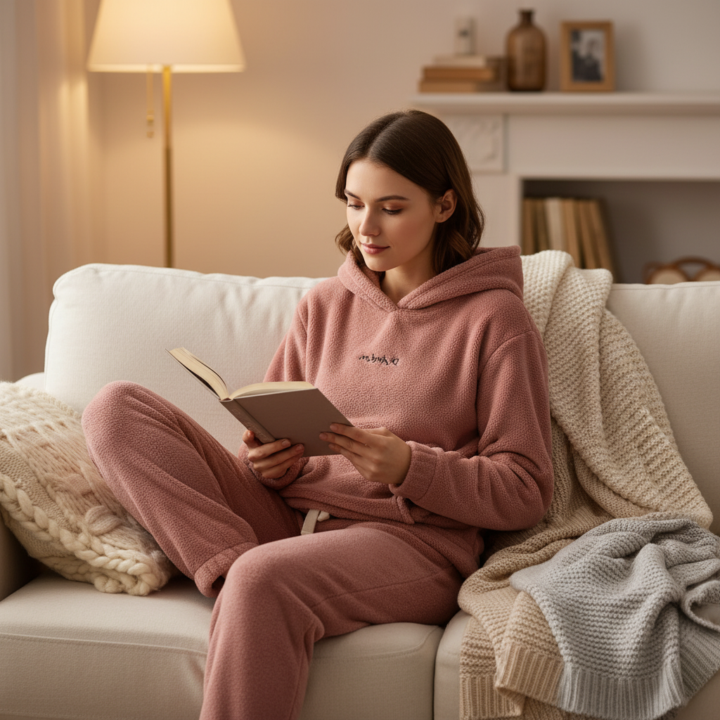 Women's cozy fleece lounge set with hoodie in light pink, perfect for winter casual wear.