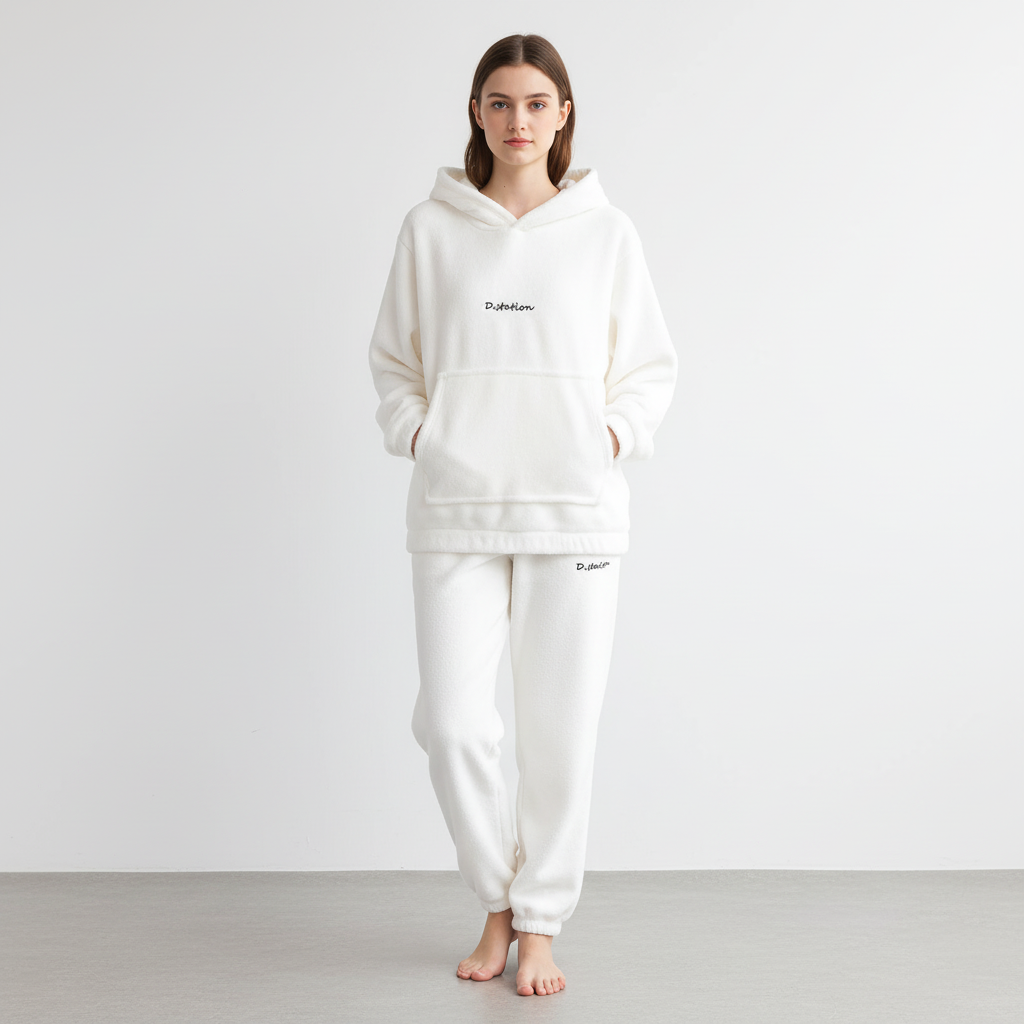 Detail of the hoodie drawstring on the women's fleece lounge set Veronika.