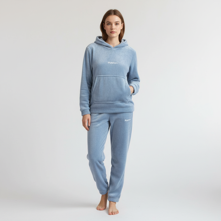 Full view of women's cozy fleece loungewear set, suitable for everyday comfort.