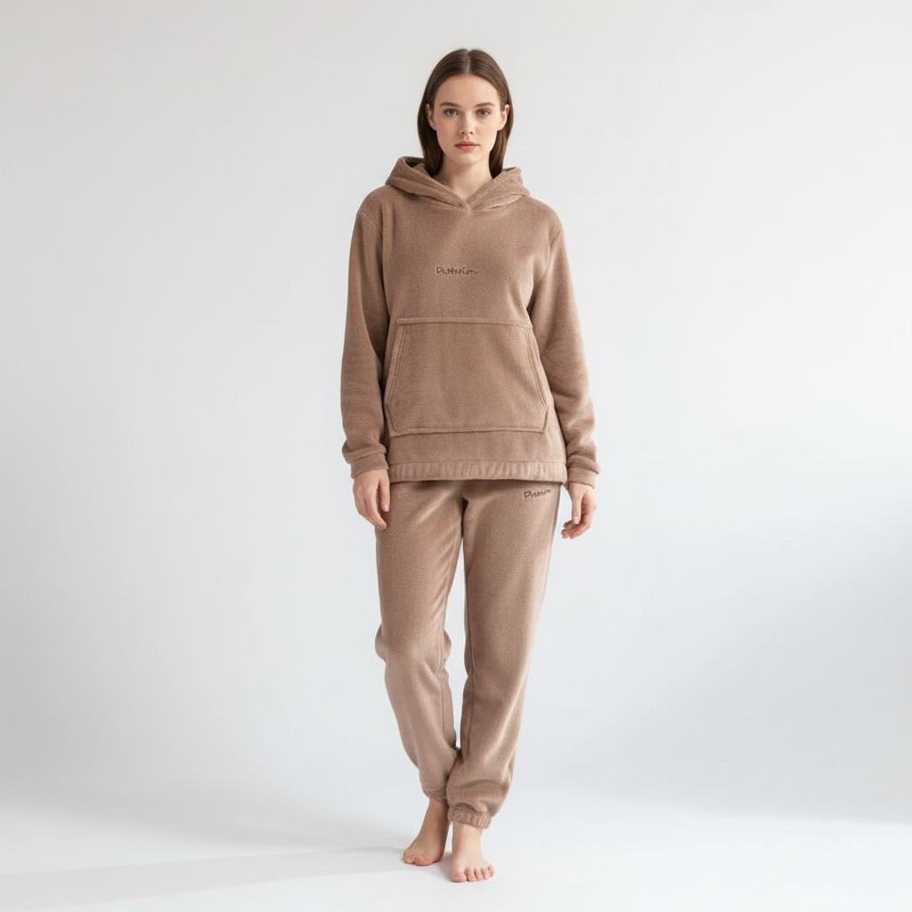 Back view of the women's comfortable fleece house suit, a stylish winter wear option.