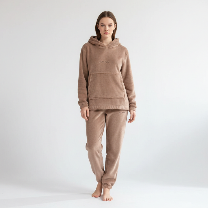 Back view of the women's comfortable fleece house suit, a stylish winter wear option.