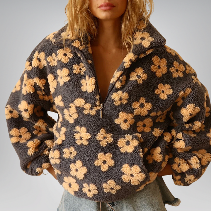 Women's cozy floral fleece pullover sherpa top for warm fall comfort.