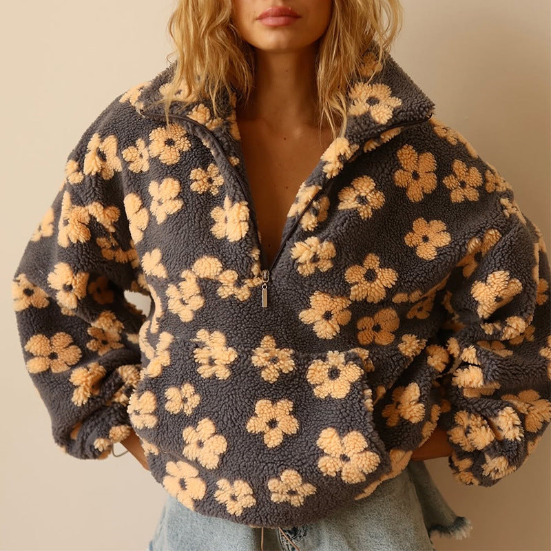 Bohemian women's oversized floral fleece sherpa pullover, perfect for casual fall fashion.