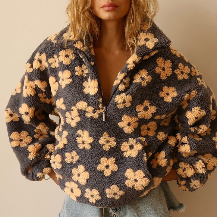 Bohemian women's oversized floral fleece sherpa pullover, perfect for casual fall fashion.